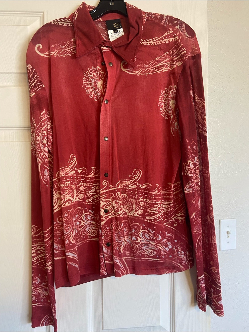 Vintage Y2K Just Cavalli Red Printed Long-Sleeve Button-Down Mesh Shirt